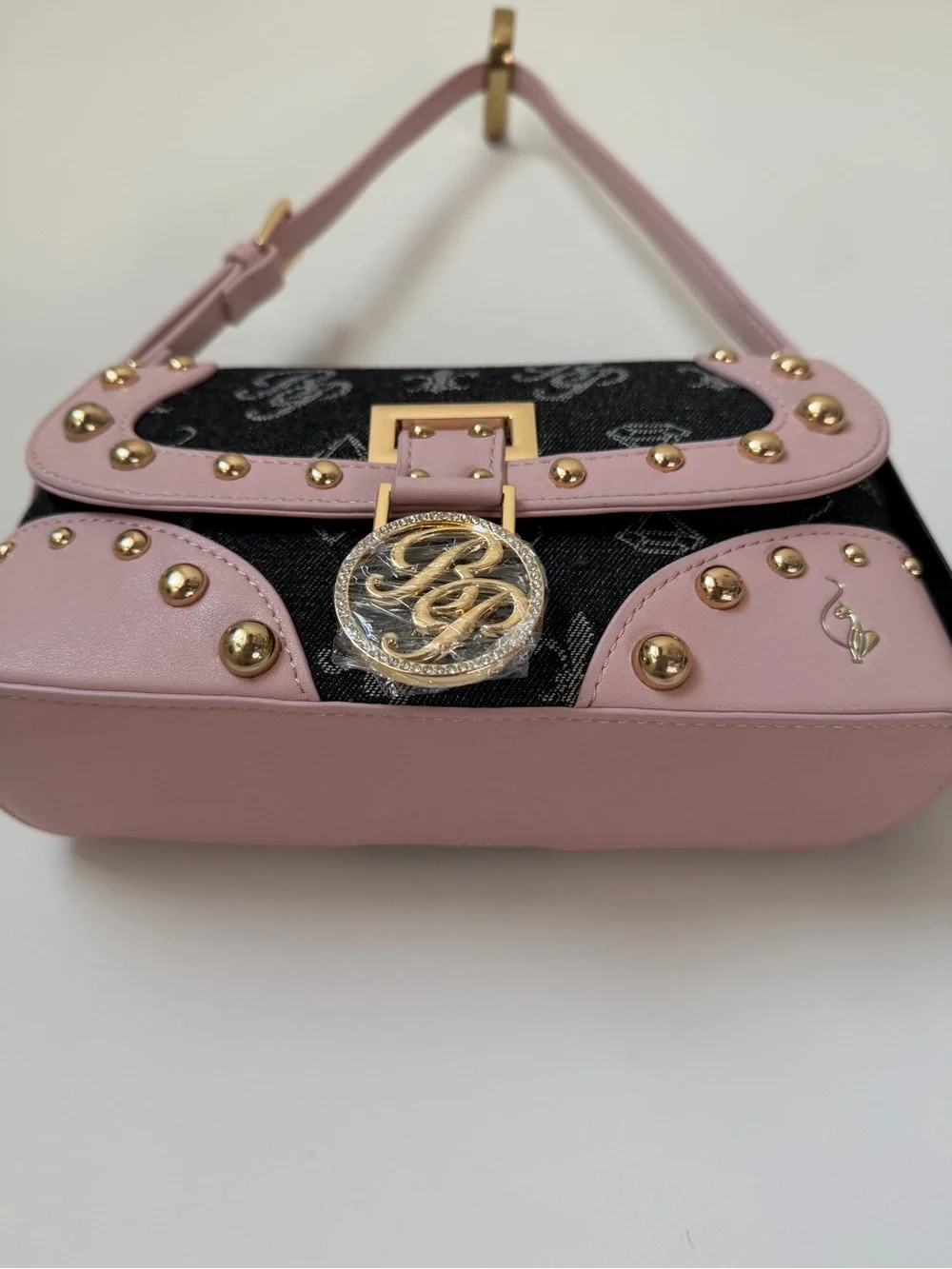 Baby Phat Pink and Black denim monogram Studded Shoulder Bag